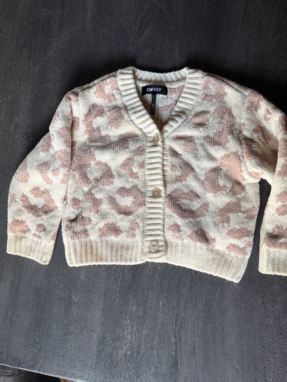 DKNY Cream and Blush Leopard Print Button Cardigan